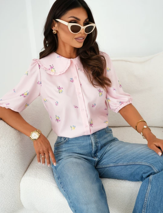 Koszula z kołnierzem retro i bufkami Alice pudrowa w kwiatki