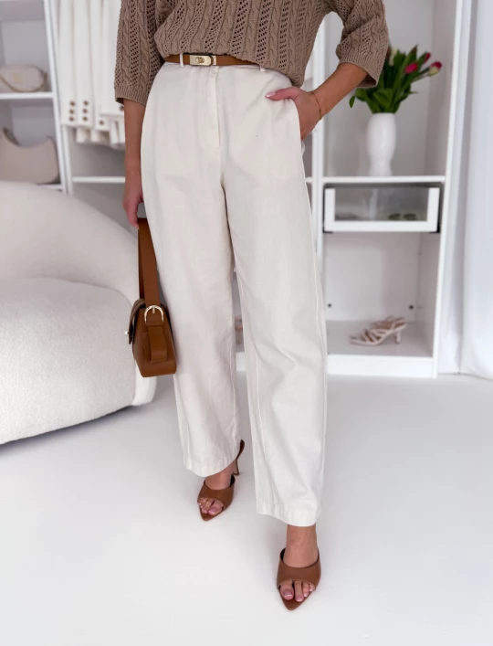 Bawełniane spodnie z szeroką nogawką w kremowym kolorze Billi