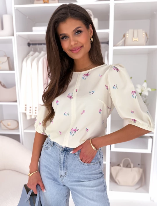 Elegancka wiskozowa bluzka z bufiastymi rękawkami soft yellow flowers Elodie